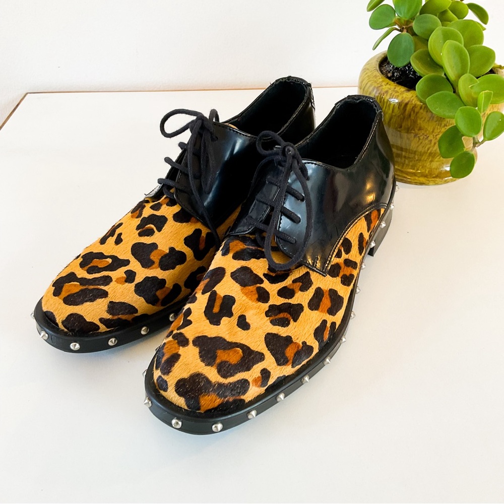 kanna Leopard Print Pony Hair and Black Patent Leather Lace-Up Flats